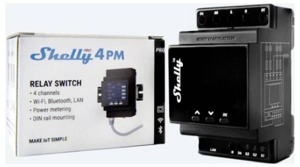 Shelly 4Pro PM Hutschienenrelais Bluetooth, Wi-Fi