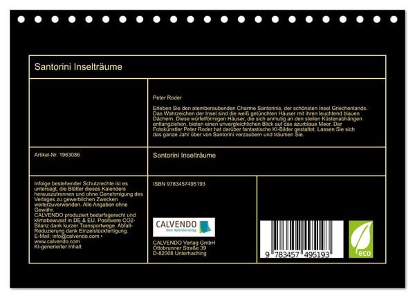 Produktbild: Santorini Inseltr&auml;ume (Tischkalender 2026 DIN A5 quer), CALVENDO Monatskalender