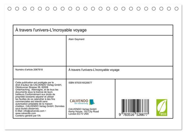 Produktbild: &Agrave; travers l'univers-L'incroyable voyage (Calendrier de bureau 2026 DIN A5 vertical), CALVENDO calendrier mensuel