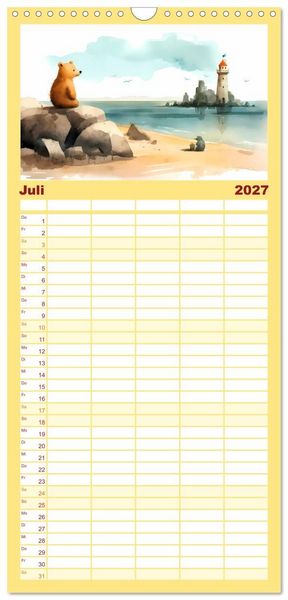 Produktbild: Familienplaner 2027 - B&auml;rige Illustrationen mit 5 Spalten (Wandkalender, 21 x 45 cm) CALVENDO