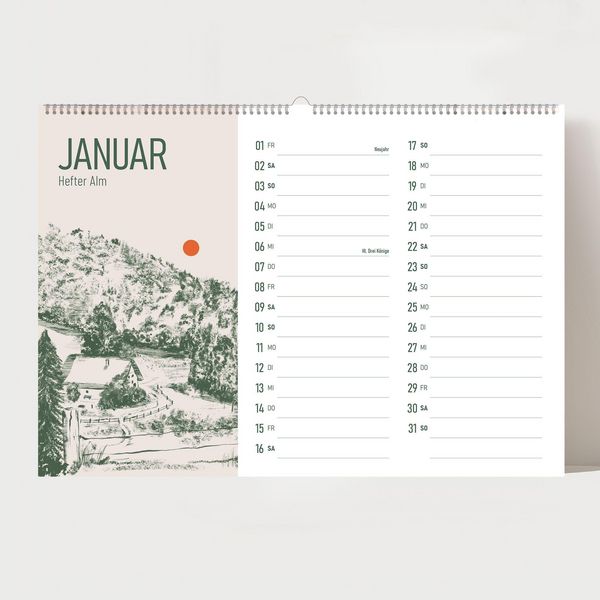 Produktbild: Alm Kalender 2027 &ndash; Chiemgauer Alpen | Handgezeichneter Wandkalender mit 12 Almen | Illustrativer Monatskalender, A4 quer