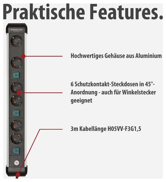 Produktbild: Brennenstuhl 1391030601 Steckdosenleiste mit Schalter Silber-Schwarz Schutzkontakt 1 St.