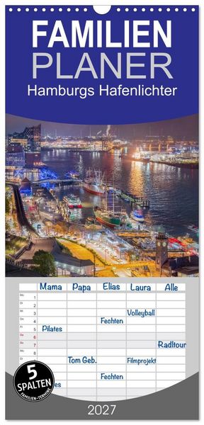 Produktbild: Familienplaner 2027 - Hamburgs Hafenlichter mit 5 Spalten (Wandkalender, 21 x 45 cm) CALVENDO
