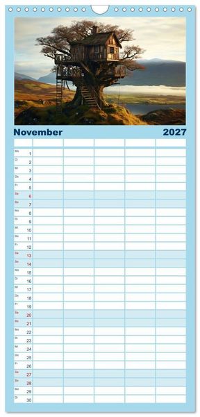 Produktbild: Familienplaner 2027 - Baumh&auml;user - Traumhafte Luftschl&ouml;sser mit 5 Spalten (Wandkalender, 21 x 45 cm) CALVENDO