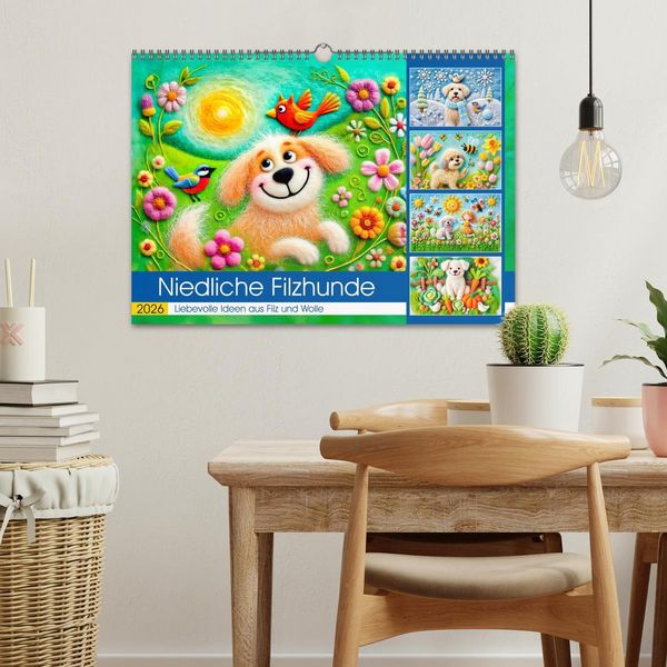 Produktbild: Niedliche Filzhunde - Liebevolle Ideen aus Filz und Wolle (Wandkalender 2026 DIN A3 quer), CALVENDO Monatskalender