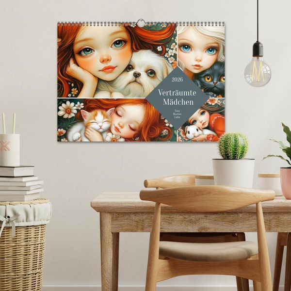 Produktbild: Vertr&auml;umte M&auml;dchen. Tiere, Blumen, Liebe. (Wandkalender 2026 DIN A3 quer), CALVENDO Monatskalender
