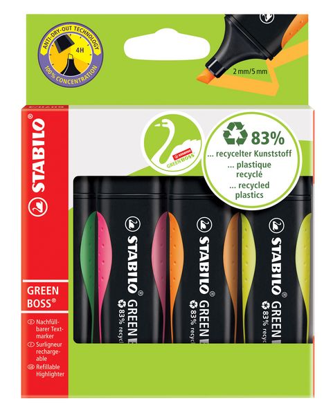 Produktbild: STABILO Umweltfreundlicher Textmarker -   GREEN BOSS - 4er Pack - gr&uuml;n, rosa, orange, gelb