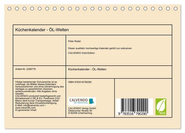 Produktbild: K&uuml;chenkalender - &Ouml;L-Welten (Tischkalender 2027 DIN A5 quer), CALVENDO Monatskalender
