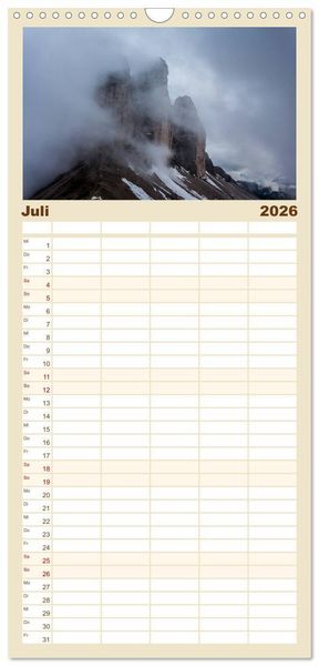 Produktbild: Familienplaner 2026 - Drei Zinnen. Sextner Dolomiten mit 5 Spalten (Wandkalender, 21 x 45 cm) CALVENDO