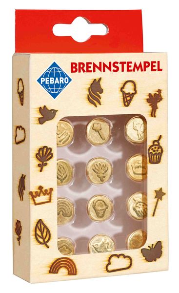 Produktbild: PEBARO 20700 - Brennstempel Cupcake, 12-teilig, Motive: Einhorn/Zauberstab/Elfe/Krone/Blume/Blatt, Cupcake/Eis/Regenbogen/Wolke/Vogel/Schmetterling, passend zum Pebaro-Brandkolben, Brandmalerei