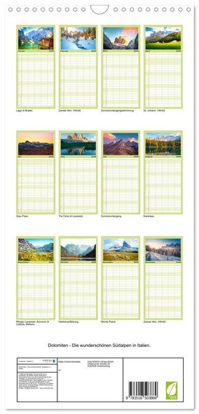 Produktbild: Familienplaner 2026 - Dolomiten - Die wundersch&ouml;nen S&uuml;dalpen in Italien. mit 5 Spalten (Wandkalender, 21 x 45 cm) CALVENDO