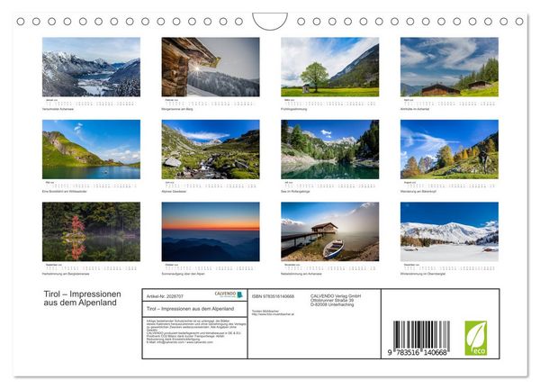 Produktbild: Tirol &ndash; Impressionen aus dem Alpenland (Wandkalender 2026 DIN A4 quer), CALVENDO Monatskalender