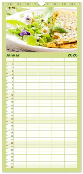 Produktbild: Familienplaner 2026 - essbare Bl&uuml;ten und Bl&auml;tter mit 5 Spalten (Wandkalender, 21 x 45 cm) CALVENDO