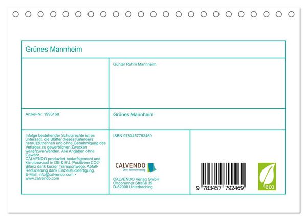 Produktbild: Gr&uuml;nes Mannheim (Tischkalender 2026 DIN A5 quer), CALVENDO Monatskalender
