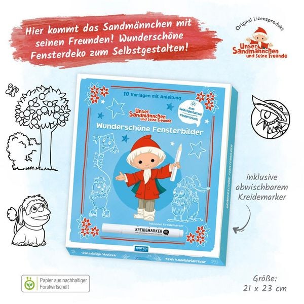 Produktbild: Tr&ouml;tsch Unser Sandm&auml;nnnchen Mappe mit Vorlagen und Kreidemarker Wundersch&ouml;ne Fensterbilder mit Kreidemarker
