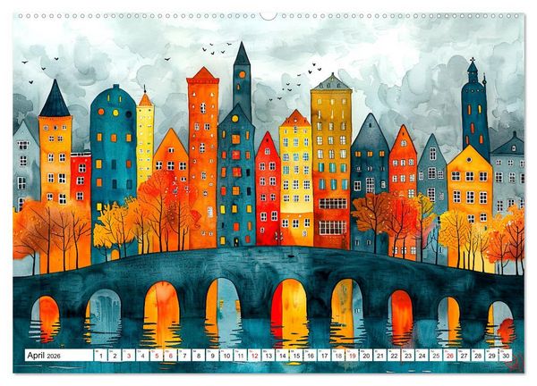 Produktbild: Stadt - Eine farbenfrohe Skyline (hochwertiger Premium Wandkalender 2026 DIN A2 quer), Kunstdruck in Hochglanz