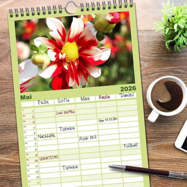 Produktbild: Familienplaner 2026 - Traumhafte Dahlien mit 5 Spalten (Wandkalender, 21 x 45 cm) CALVENDO