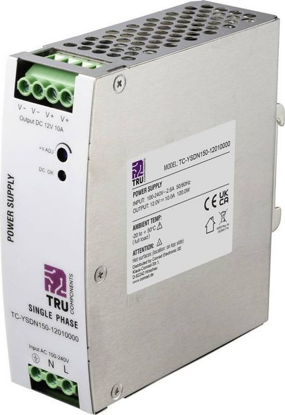 Produktbild: TRU COMPONENTS TC-13807984 Hutschienen-Netzteil (DIN-Rail) 12 V/DC 10 A 120 W Anzahl Ausg&auml;nge:1 x Inhalt 1 St.