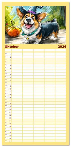 Produktbild: Familienplaner 2026 - Lustige Corgis. Niedliche Cartoons von gl&uuml;cklichen Hunden mit 5 Spalten (Wandkalender, 21 x 45 cm) CALVENDO