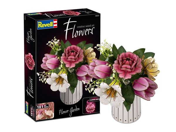 Revell Flowers Flower Garden, DIY Blumenstrauß Deko, Holzblumen zum Basteln mit Vase, dekorativem Grün und Duft
