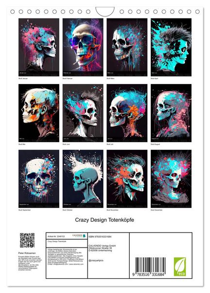 Produktbild: Crazy Design Totenk&ouml;pfe (Wandkalender 2026 DIN A4 hoch), CALVENDO Monatskalender
