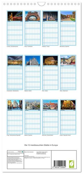 Produktbild: Familienplaner 2026 - Die 12 meistbesuchten St&auml;dte in Europa mit 5 Spalten (Wandkalender, 21 x 45 cm) CALVENDO
