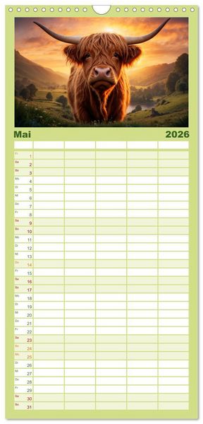 Produktbild: Familienplaner 2026 - Highland K&uuml;he mit 5 Spalten (Wandkalender, 21 x 45 cm) CALVENDO