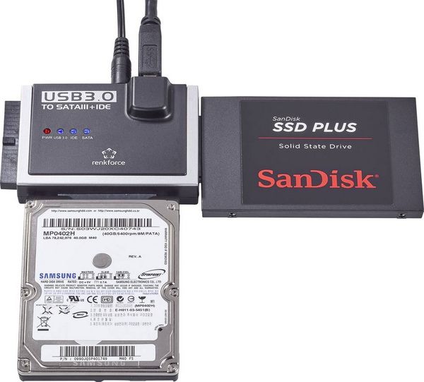 Produktbild: Renkforce Festplatten Adapter [1x USB 3.2 Gen 1 Stecker A (USB 3.0) - 1x IDE-Buchse 40pol., IDE-Buchse 44pol., SATA-Kombi-Stecker 7+15pol.] 1.20 m