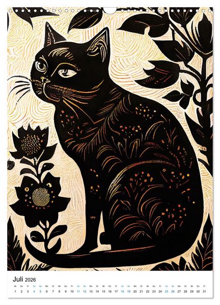 Produktbild: Katzen Linolschnitt - Der Kalender mit kunstvollen Portr&auml;ts der Samtpfoten (Wandkalender 2026 DIN A3 hoch), CALVENDO Monatskalender