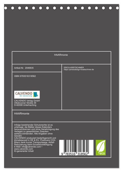 Produktbild: HAARmonie (Tischkalender 2026 DIN A5 hoch), CALVENDO Monatskalender