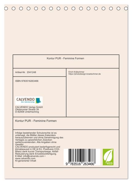 Produktbild: Kontur PUR - Feminine Formen (Tischkalender 2026 DIN A5 hoch), CALVENDO Monatskalender
