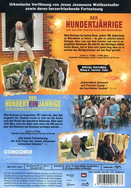 Produktbild: Der Hundertj&auml;hrige, der aus dem Fenster stieg und verschwand/Der Hunderteinj&auml;hrige, der die Rechnung nicht bezahlte und verschwand [2 DVDs]
