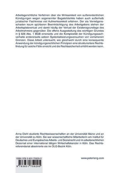 Produktbild: Die au&szlig;erordentliche K&uuml;ndigung von Arbeitsverh&auml;ltnissen bei geringwertigen Verm&ouml;gensdelikten