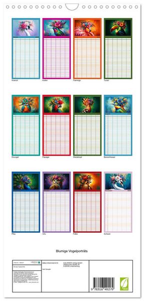 Produktbild: Familienplaner 2026 - Blumige Vogelportr&auml;ts mit 5 Spalten (Wandkalender, 21 x 45 cm) CALVENDO