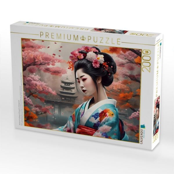 Produktbild: CALVENDO Puzzle Geisha im Fr&uuml;hling mit Tempel im Hintergrund | 2000 Teile Lege-Gr&ouml;&szlig;e 90x67cm Foto-Puzzle f&uuml;r gl&uuml;ckliche Stunden