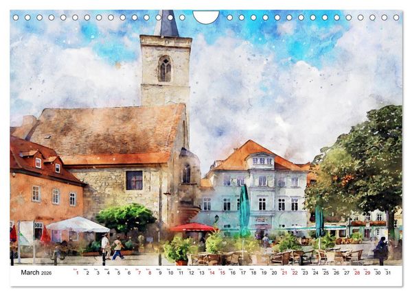 Produktbild: Erfurt - City views in watercolors (Wall Calendar 2026 DIN A4 landscape), CALVENDO 12 Month Wall Calendar