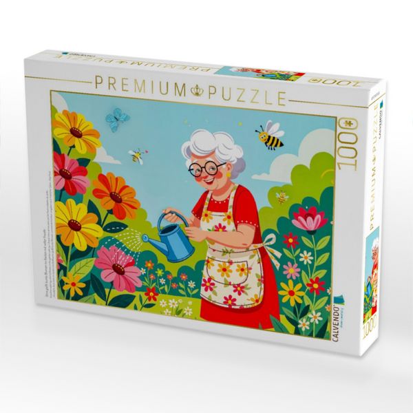 Produktbild: CALVENDO Puzzle Oma gie&szlig;t bunte Blumen im Garten mit voller Freude | 1000 Teile Lege-Gr&ouml;&szlig;e 64x48cm Foto-Puzzle f&uuml;r gl&uuml;ckliche Stunden