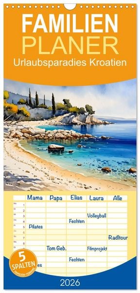Familienplaner 2026 - Urlaubsparadies Kroatien mit 5 Spalten (Wandkalender, 21 x 45 cm) CALVENDO