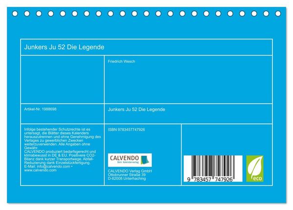 Produktbild: Junkers Ju 52 Die Legende (Tischkalender 2026 DIN A5 quer), CALVENDO Monatskalender