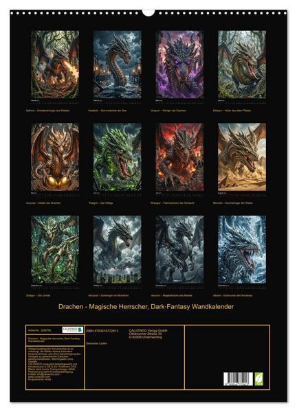 Produktbild: Drachen - Magische Herrscher, Dark‑Fantasy Wandkalender (Wandkalender 2027 DIN A2 hoch), CALVENDO Monatskalender