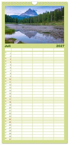 Produktbild: Familienplaner 2027 - Alpenseen - Berge im Spiegel mit 5 Spalten (Wandkalender, 21 x 45 cm) CALVENDO