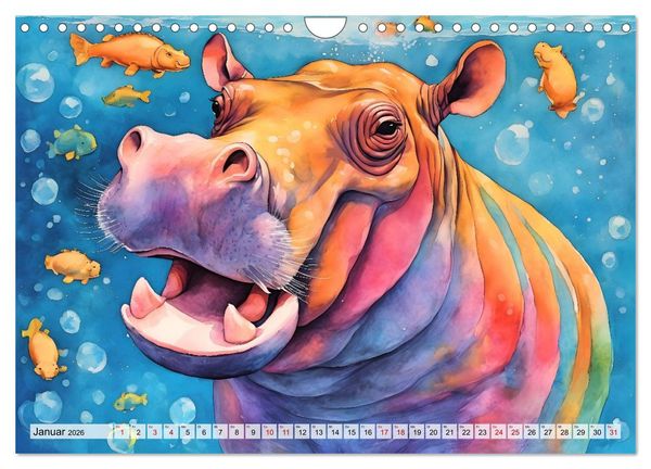 Produktbild: Hippos bekennen Farbe - kunterbunter Nilpferdspa&szlig; (Wandkalender 2026 DIN A4 quer), CALVENDO Monatskalender