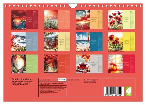 Produktbild: Eine Portion Gl&uuml;ck - Motivationskalender f&uuml;rs ganze Jahr (Wandkalender 2026 DIN A4 quer), CALVENDO Monatskalender