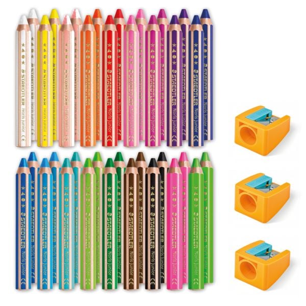 Produktbild: STAEDTLER Noris junior 140 Kindermalstift 3 in 1, Eimer mit 36 Malstiften in 18 sortierten Farben und 3 Spitzern, 140 C36