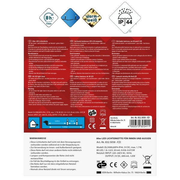 Produktbild: Idena Lichterkette 80 LED warmwei&szlig; 8h Timer 15,9m
