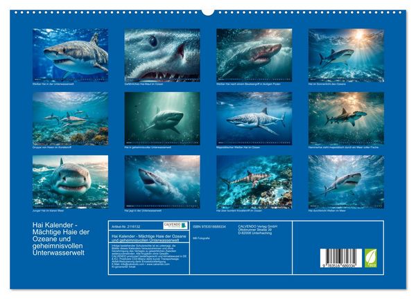 Produktbild: Hai Kalender - M&auml;chtige Haie der Ozeane und geheimnisvollen Unterwasserwelt (hochwertiger Premium Wandkalender 2026 DIN A2 quer), Kunstdruck in Hochglanz