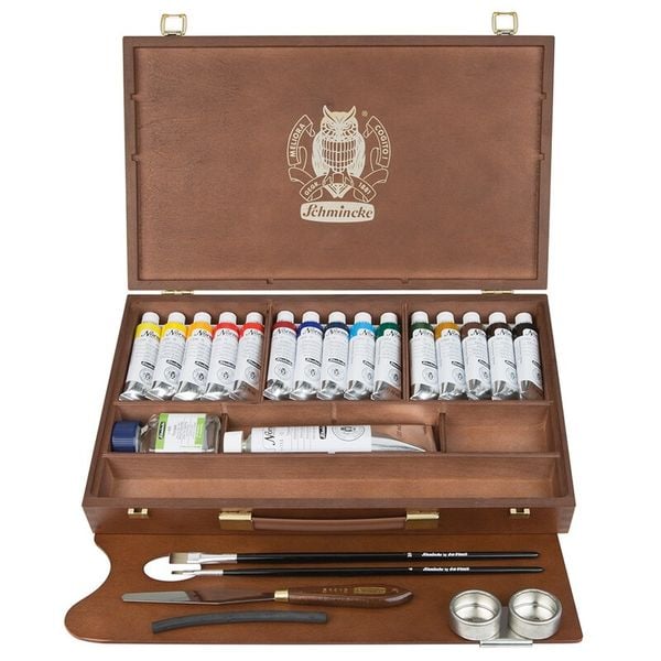 Produktbild: Schmincke Norma Professional &Ouml;lfarben, Holzkasten, 15 x 35 ml + Weiss 120 ml + Zubeh&ouml;r