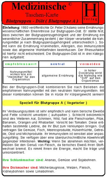Produktbild: Blutgruppen-Di&auml;t - Blutgruppe A - Medizinische Taschen-Karte