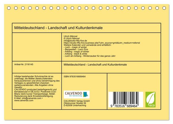 Produktbild: Mitteldeutschland - Landschaft und Kulturdenkmale (Tischkalender 2026 DIN A5 quer), CALVENDO Monatskalender
