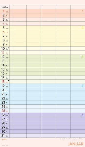 Produktbild: Superplaner Farbenfroh 2026 - 5 Spalten - Familienkalender 26x45 cm - Offset-Papier - mit Ferienterminen - Wandkalender - Wandplaner